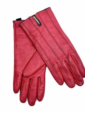 CAROLE LITTLE Red Leather Gloves Cashmere Lining Women's size 8